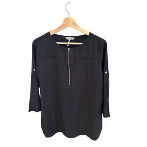 Ellen Tracy Black Magic 100% Linen Blouse Small Zip Front 3/4 Sleeve Womens Top